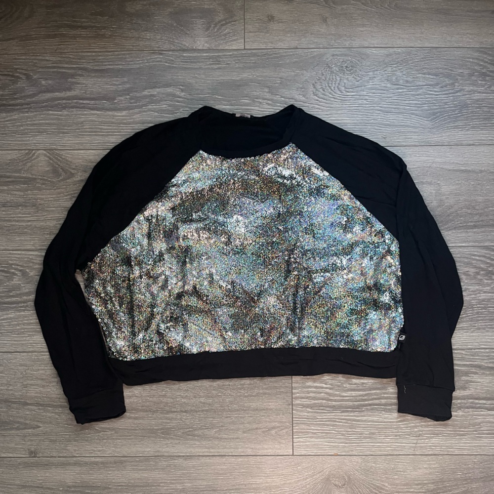 Terez Black Silver Sequin Long Sleeve Raglan Baseball Tee Sweater Fall Size M